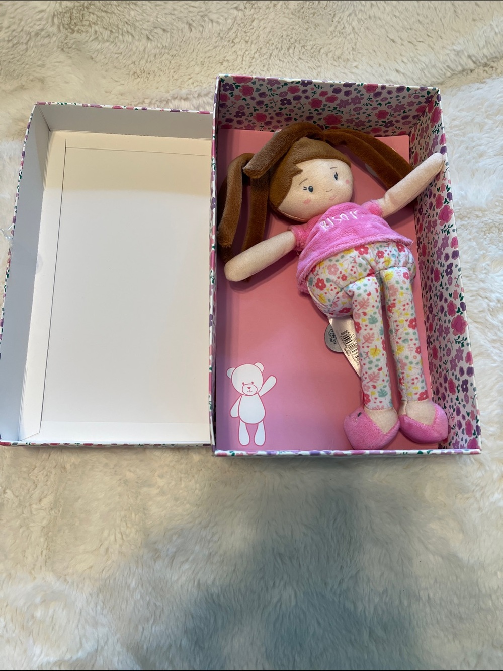 Soft Pink Floral Doll with Brown Hair Plush